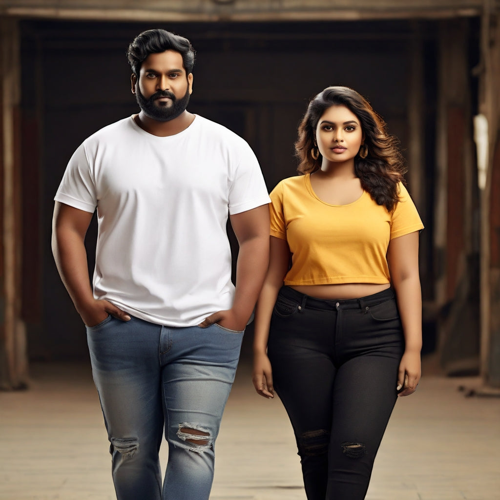 Male model with white tee and jeans and female model with yellow tee and black jeans