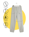 Gray pants on a hanger with features highlighted on a yellow circle background